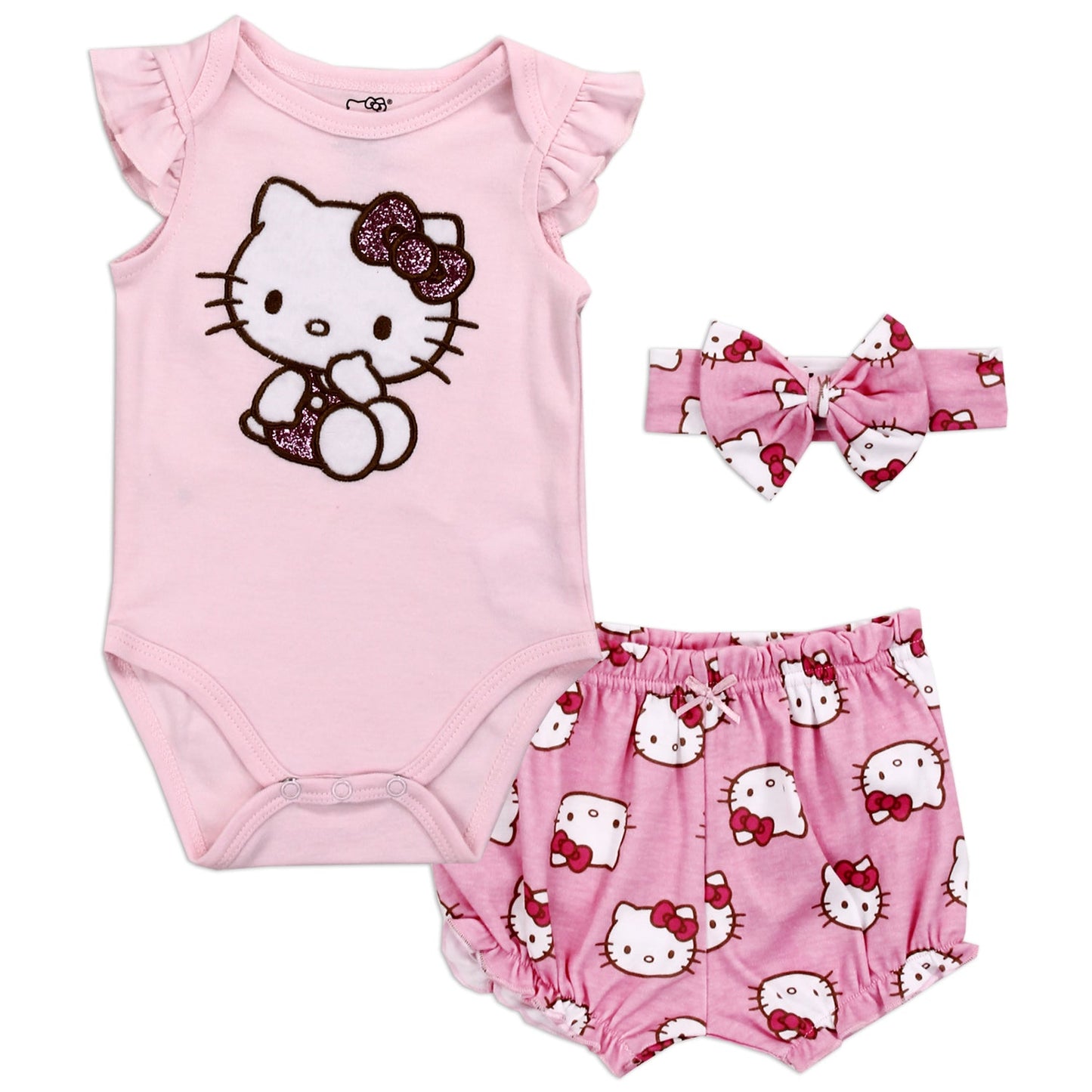 HELLO KITTY Girls 3-Piece Creeper, Shorts, and Headband Set