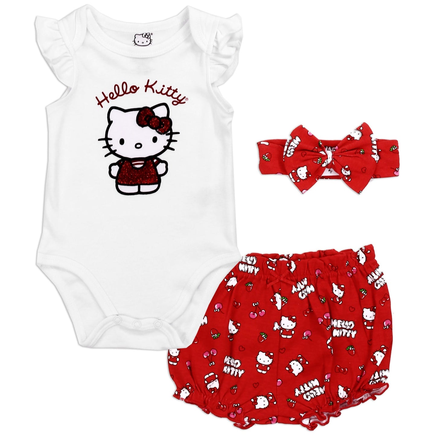 HELLO KITTY Girls 3-Piece Creeper, Shorts, and Headband Set