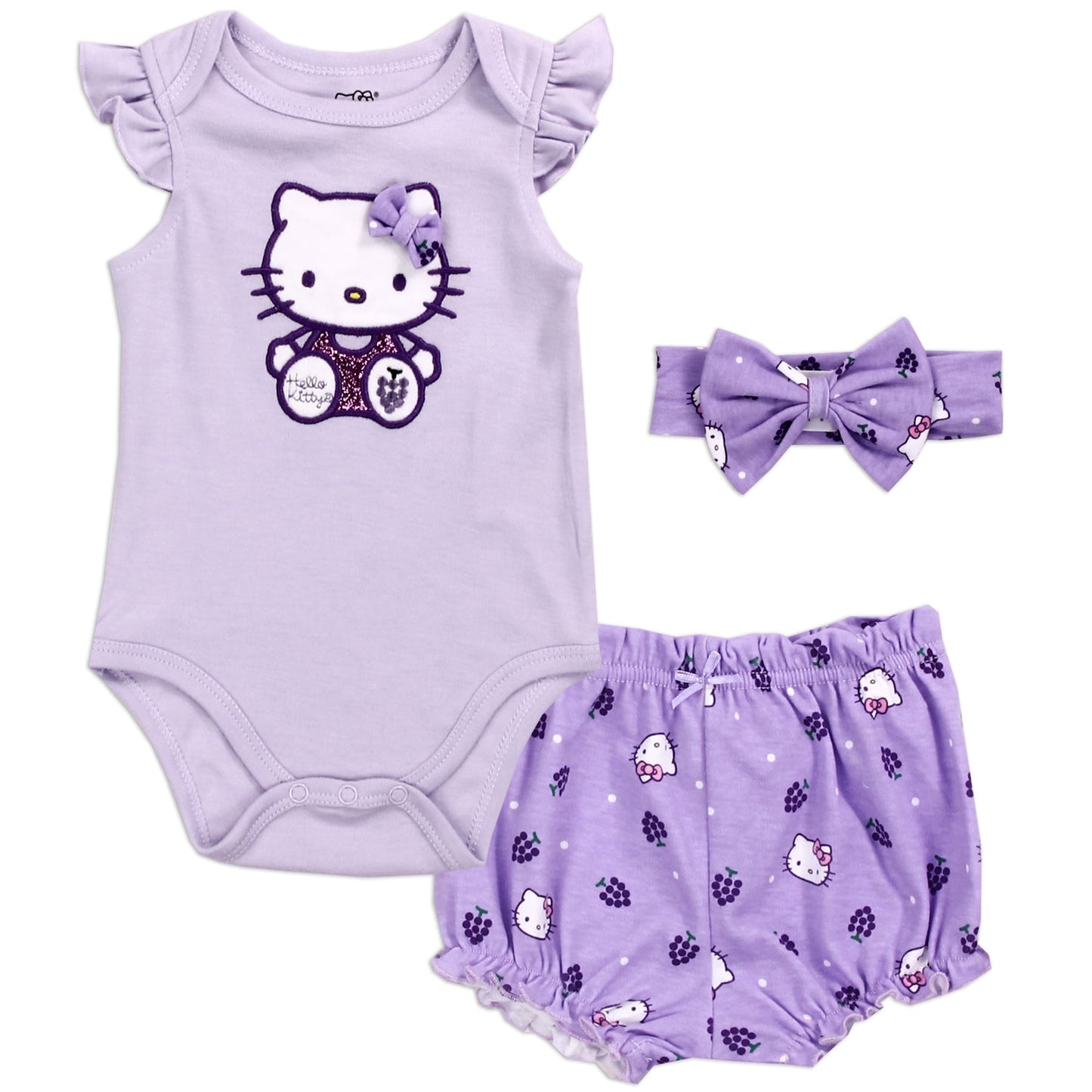 HELLO KITTY Girls 3-Piece Creeper, Shorts, and Headband Set