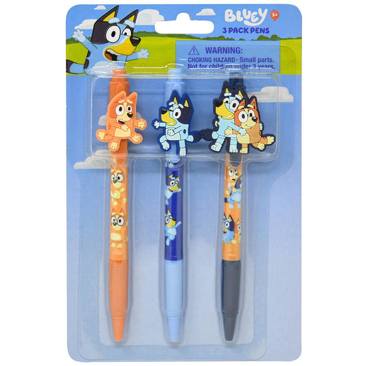 Bluey 3pk Pens with Rubber Character Clip