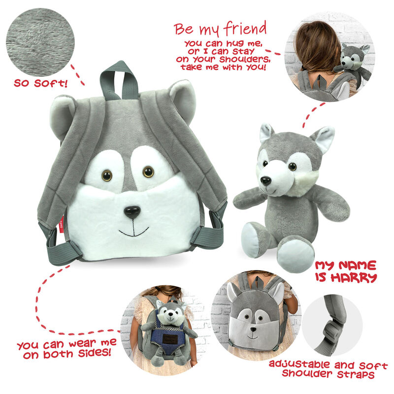 Husky Harry reversible backpack with plush toy 26cm